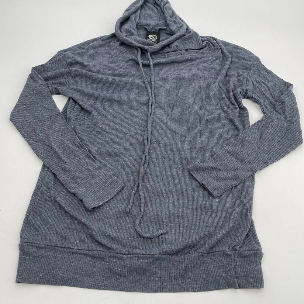 Bobeau Top XS Womens Gray Blue Lightweight Hooded Knit Casual Drawstring Stretch